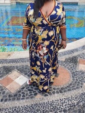 Navy Floral Wrap Maxi Dress with Yellow Accent